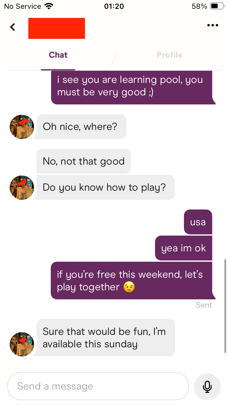 Dating app conversation screenshot
