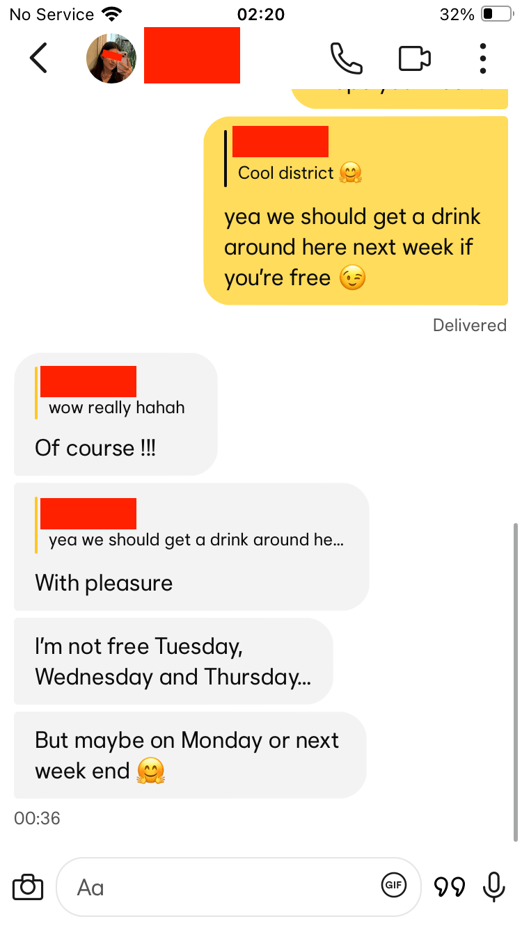 Dating app conversation screenshot