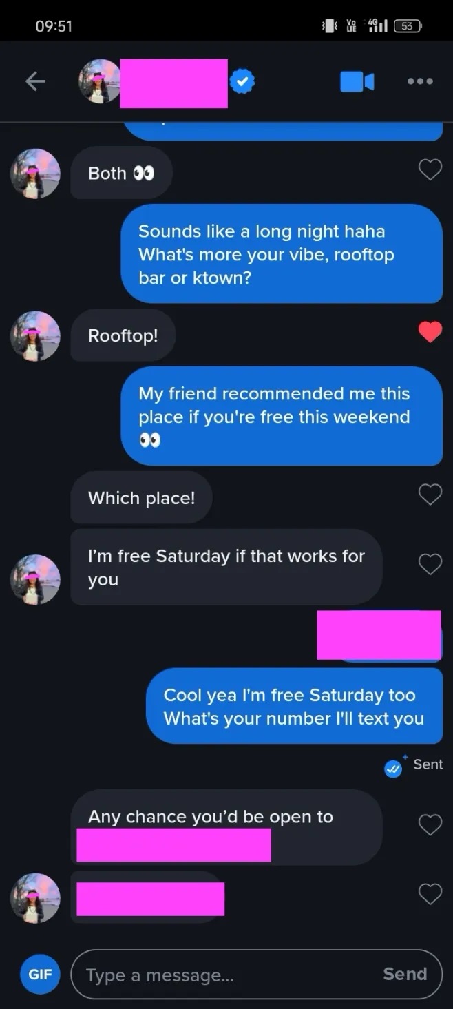 Dating app conversation screenshot