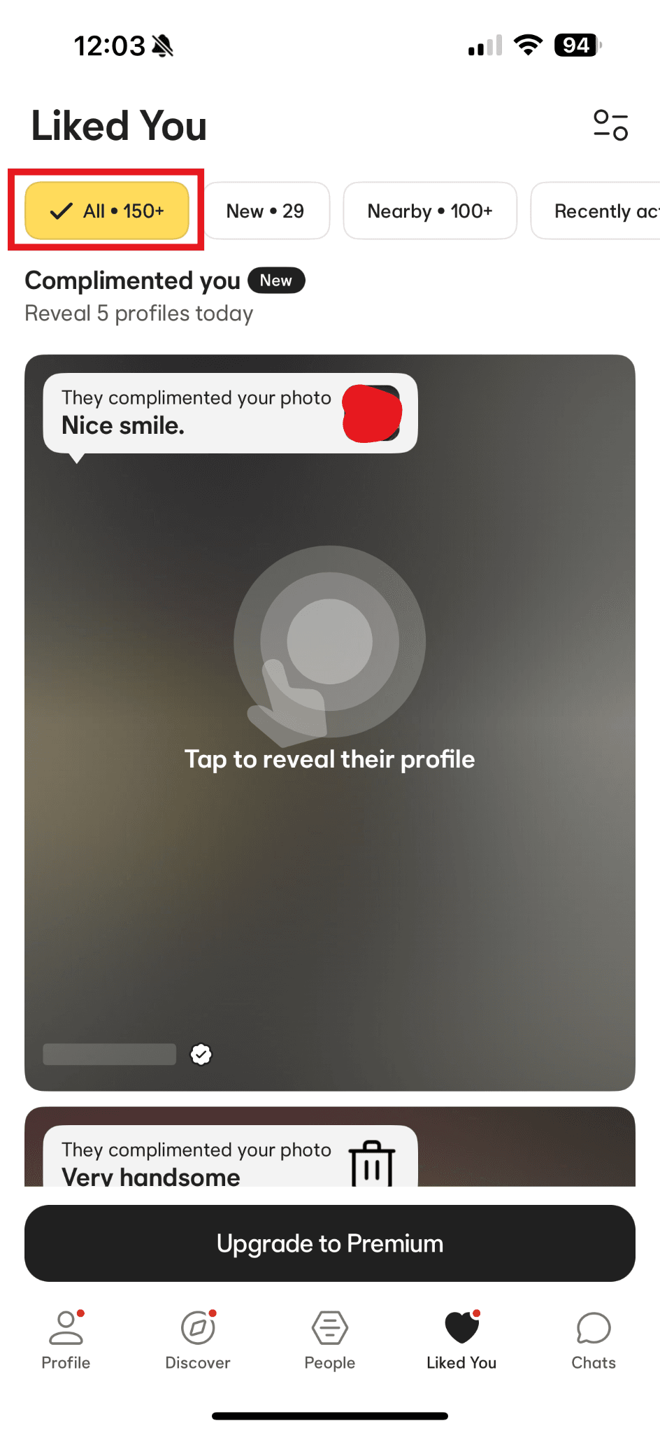 Dating app showing 150+ likes
