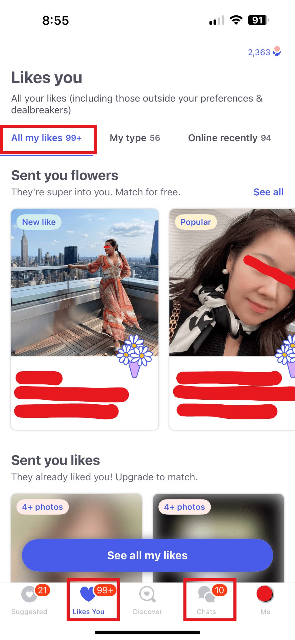 Dating app showing new likes with flowers