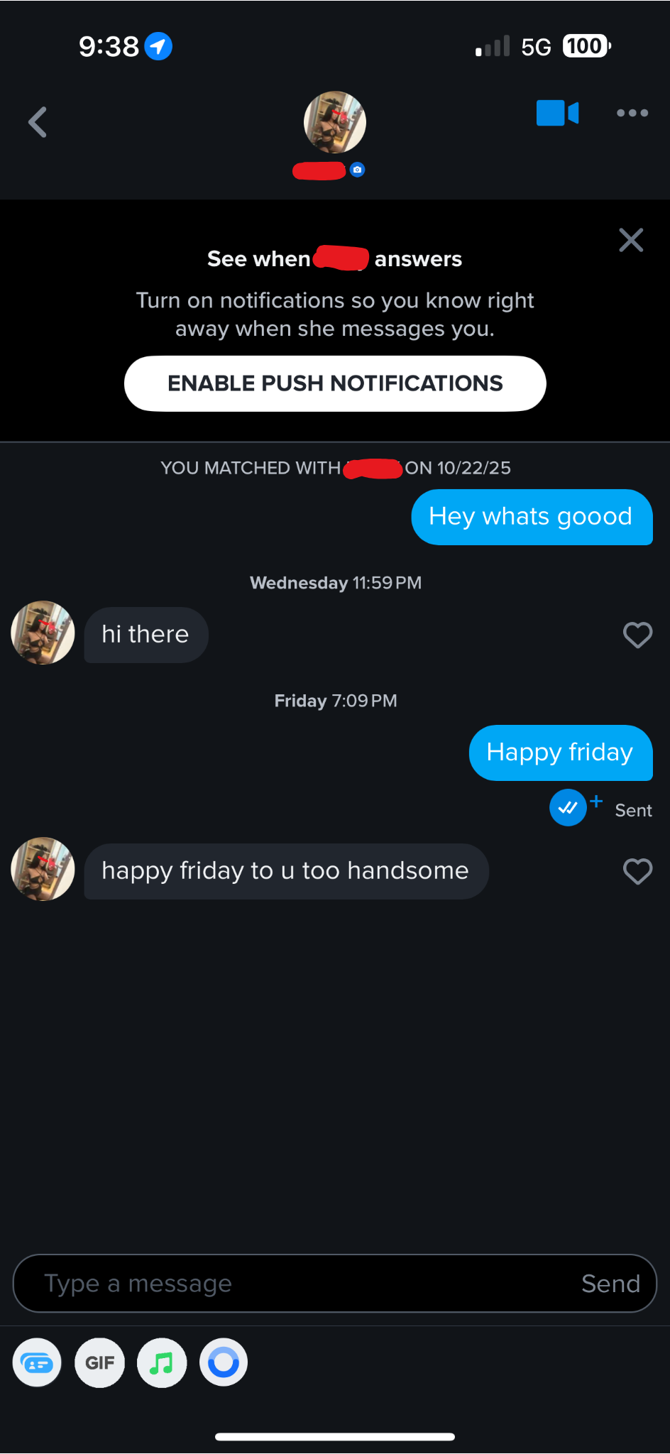 Dating app conversation screenshot 1