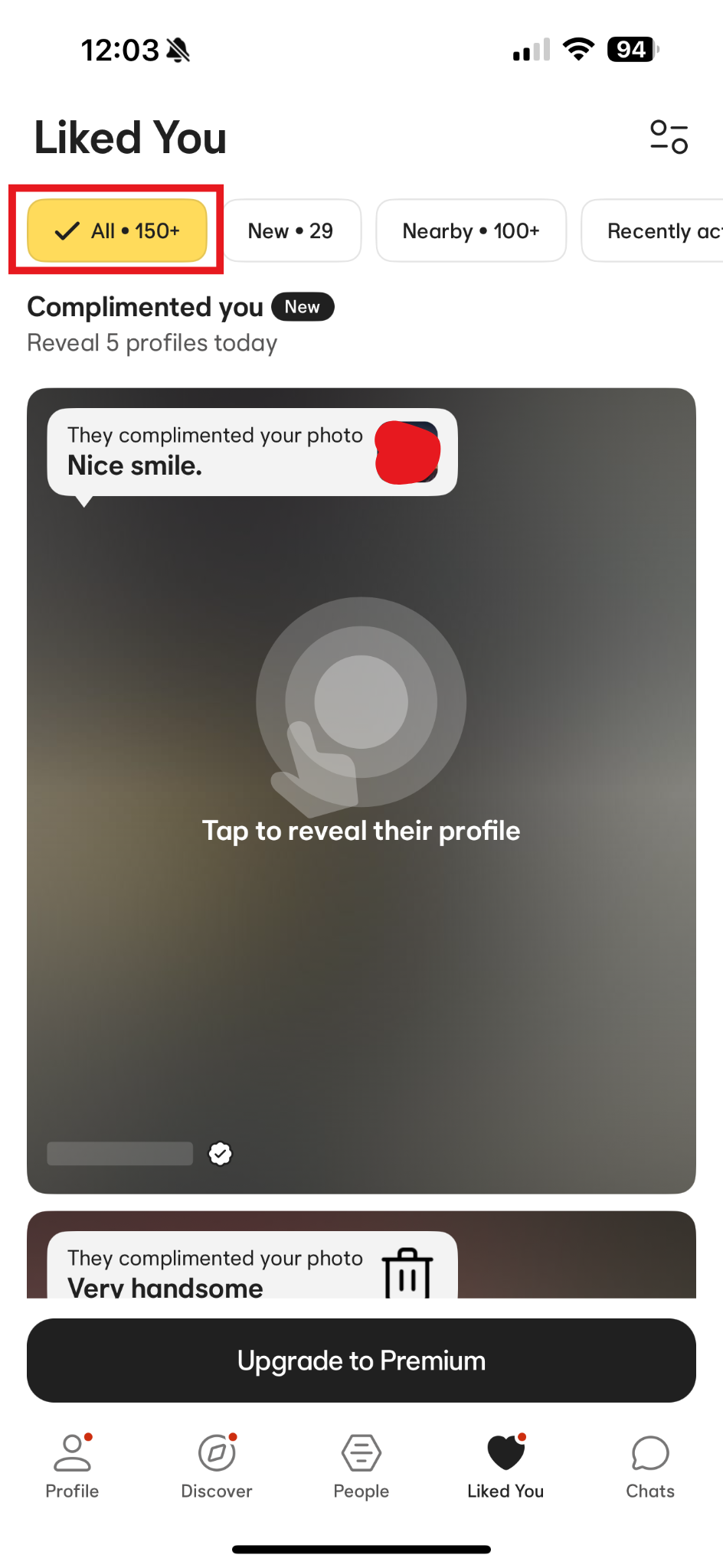 Dating app showing 150+ likes