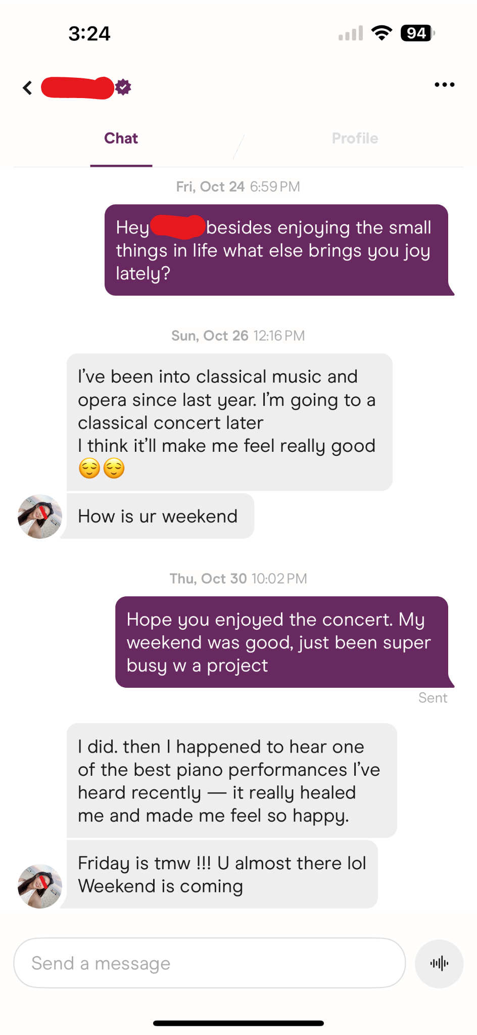 Dating app conversation screenshot 4